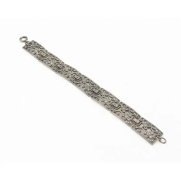 925 Sterling Silver Vintage Marcasite Floral Motif Chain Bracelet BT5512
